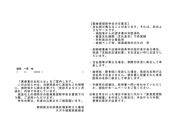 医療費のお知らせ（表紙）